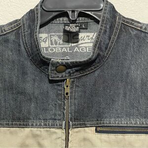 Men’s Two-Tone Denim Jean Jacket Beige Contrast Panels Zip Chest Pocket L 54Surf